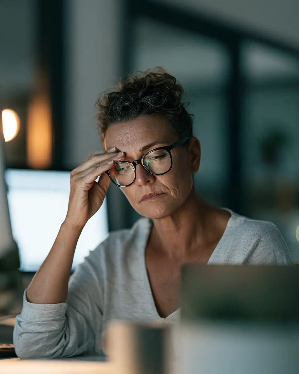 An employee looking tired at her desk
