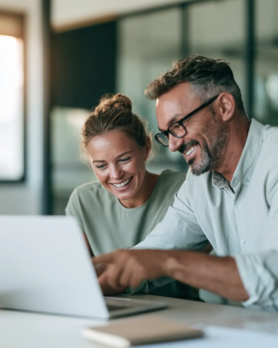 Two colleagues reviewing results together on a laptop