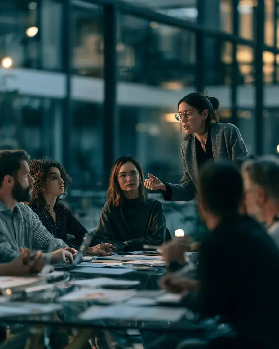 A research team in discussion around a table